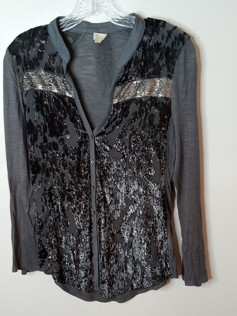 Timy Women's Size Medium Sequined Gray Button-Front Top with Black Sequin Detail